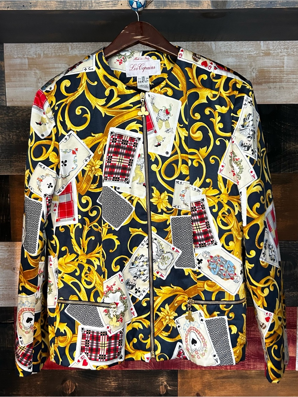 Les Copains Black, Gold & Red Playing Card Print Bomber Jacket Versace style 46